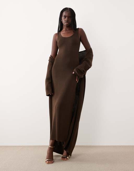 Pretty Lavish – Brązowy dzianinowy zestaw: sukienka maxi i kardigan, 3 z 3
