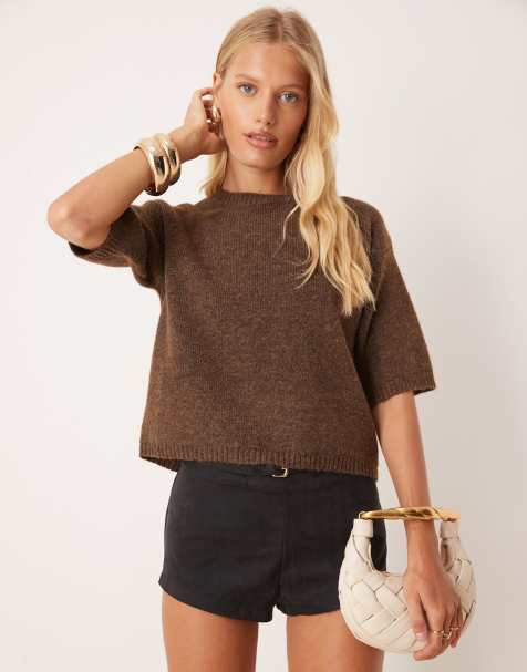 Pretty Lavish short sleeve button knit top in chocolate