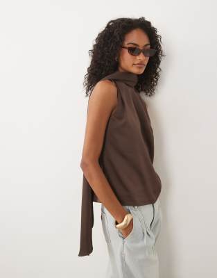 Pretty Lavish Breya satin scarf neck sleeveless blouse in chocolate