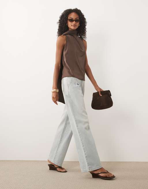 Pretty Lavish Breya satin scarf neck sleeveless blouse in chocolate, 3 of 4