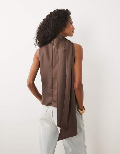 Pretty Lavish Breya satin scarf neck sleeveless blouse in chocolate, 4 of 4
