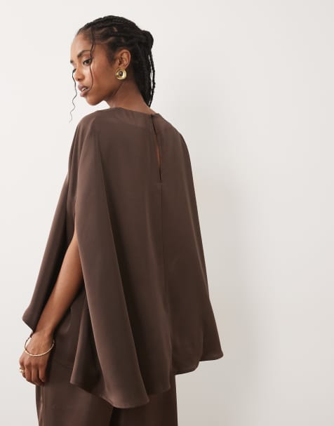 Pretty Lavish Breya satin split sleeve top in chocolate (part of a set) - view 1