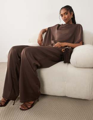 Pretty Lavish Breya Satin Tailored Wide Leg Pants In Brown