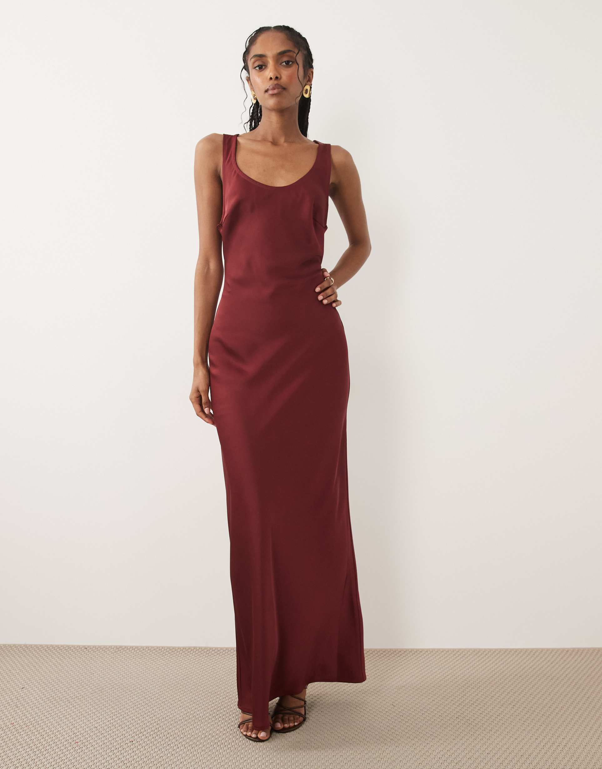 pretty lavish breya scoop neck satin maxi slip dress in burgundy