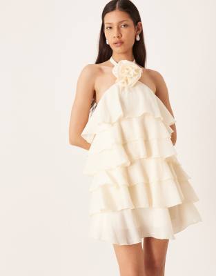 Pretty Lavish Bridal Corsage Detail Halter Neck Mini Dress With Layered Ruffles In Neutral