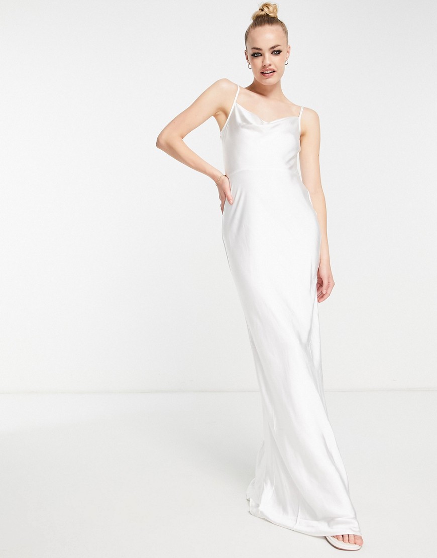 Pretty Lavish Bridal cowl neck satin slip maxi dress in ivory-White