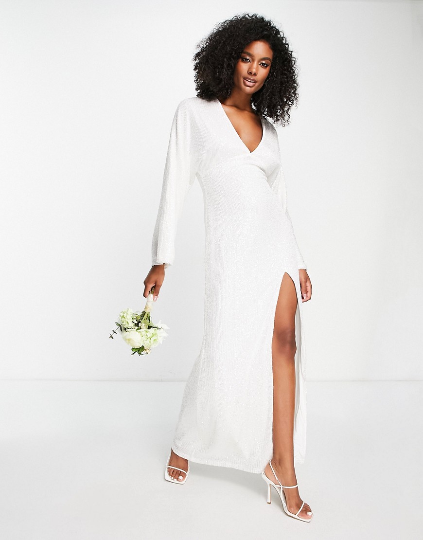 Pretty Lavish Bridal embellished thigh split maxi dress in ivory-White