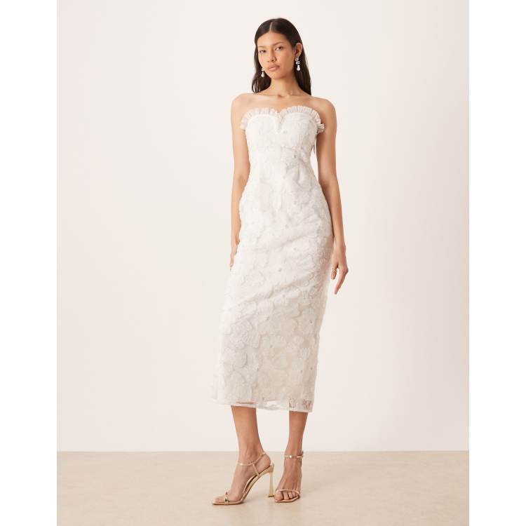 Pretty Lavish Bridal floral tulle beaded sleeveless frill sweetheart  neckline midaxi dress in ivory | ASOS