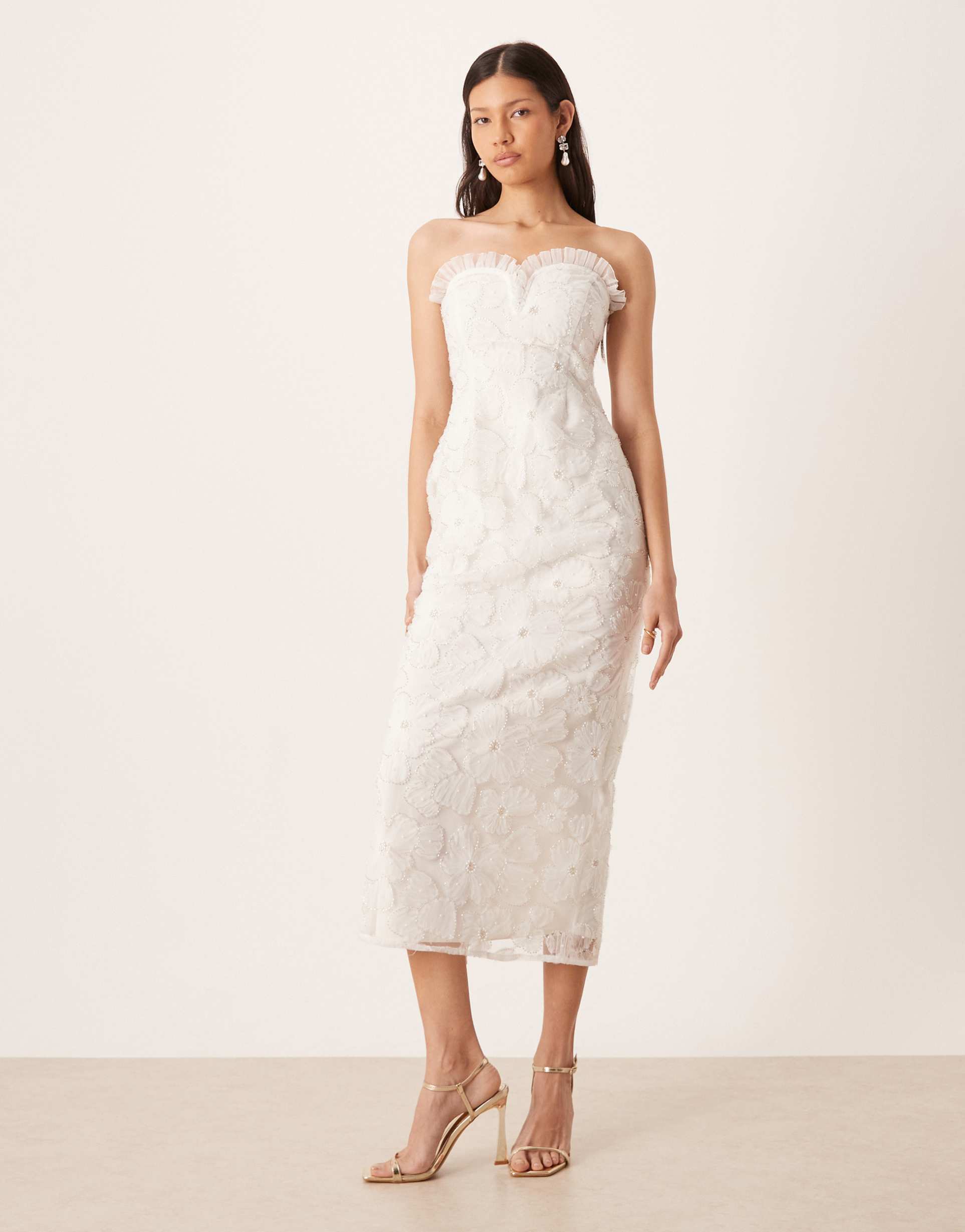 pretty lavish bridal floral tulle beaded sleeveless frill sweetheart neckline midaxi dress in ivory