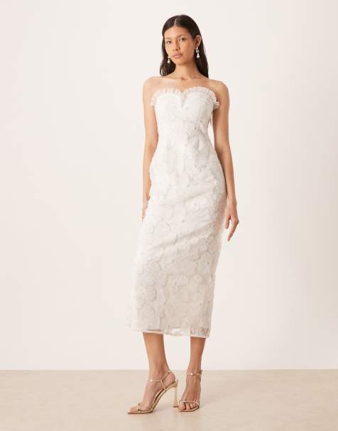 Pretty Lavish Bridal floral tulle beaded sleeveless sweetheart frill neck midaxi dress in ivory