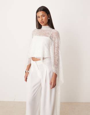 Pretty Lavish Bridal Fully Sequin Embellished Maxi Length Cape In White