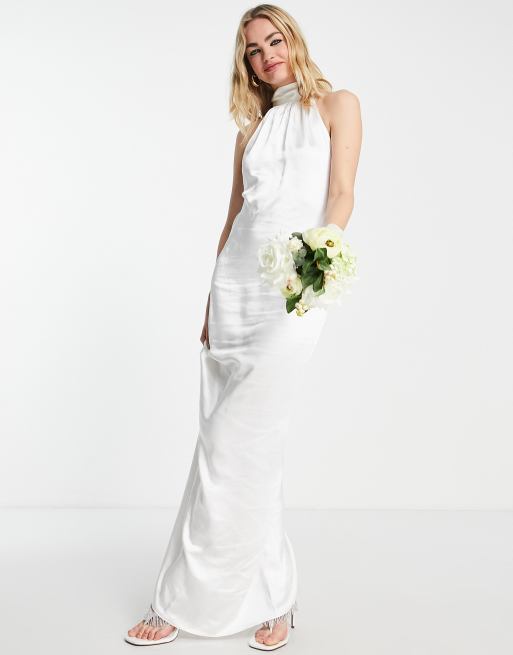 Bridal White High Neck Drape Maxi Dress