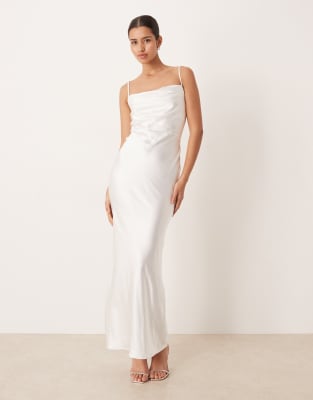 Pretty Lavish Bridal Keisha Satin Drape Cowl Neck Cami Maxi Dress In White