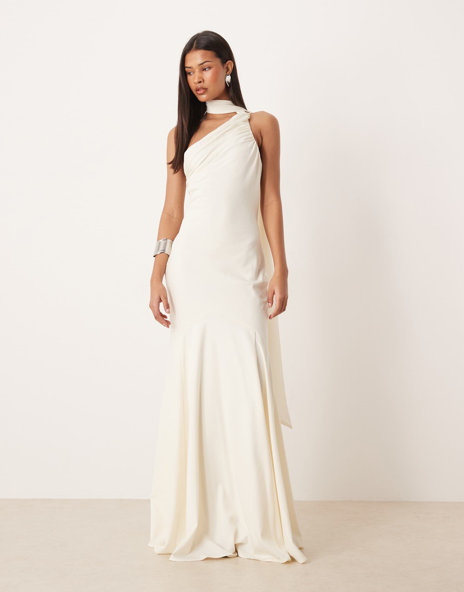 pretty lavish bridal one-shoulder scarf neck maxi dress in ivory