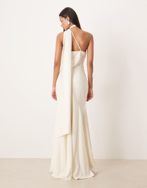 Pretty Lavish Bridal one shoulder scarf neck maxi dress in ivory, 3 of 4