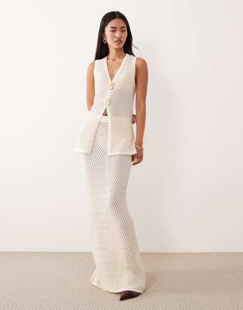 Pretty Lavish pointelle knit maxi skirt co-ord in cream