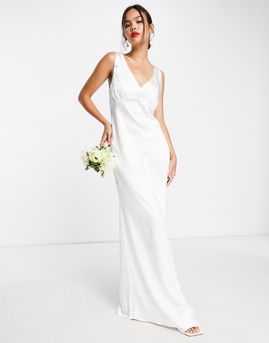 Pretty Lavish Bridal satin plunge maxi dress in ivory-White