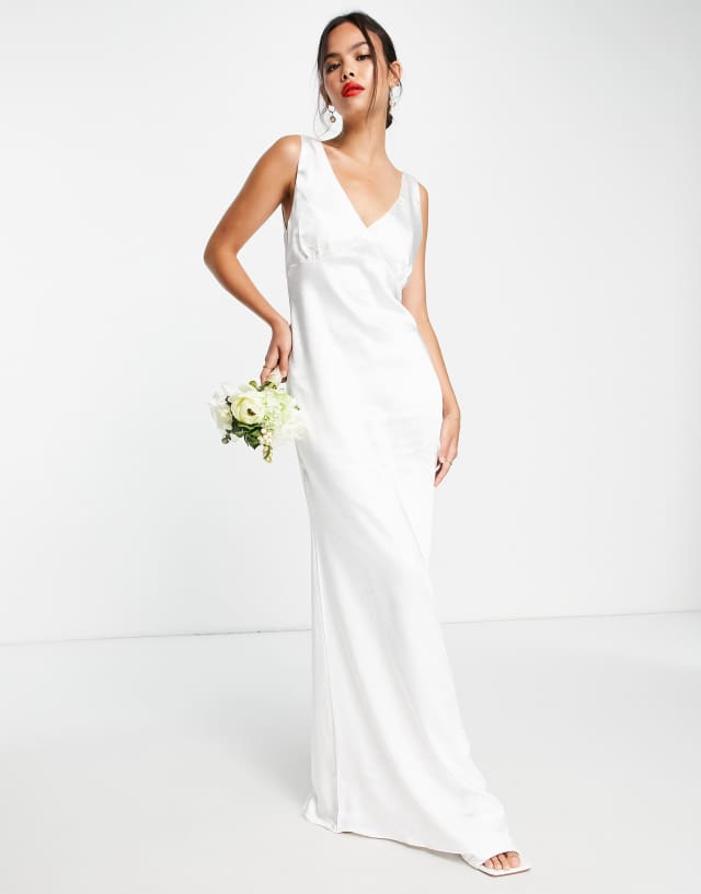 Pretty Lavish Bridal satin plunge maxi dress in ivory