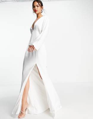 Bridal satin split maxi dress in ivory-Neutral
