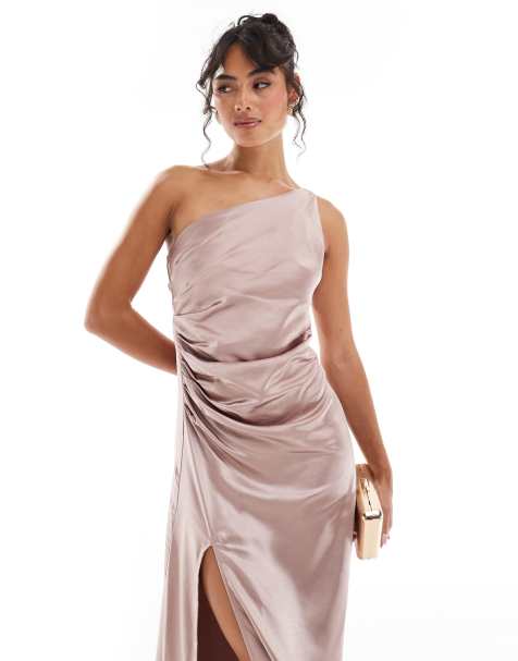Pretty Lavish Bridesmaid Amelia one shoulder ruched satin maxi dress in amethyst