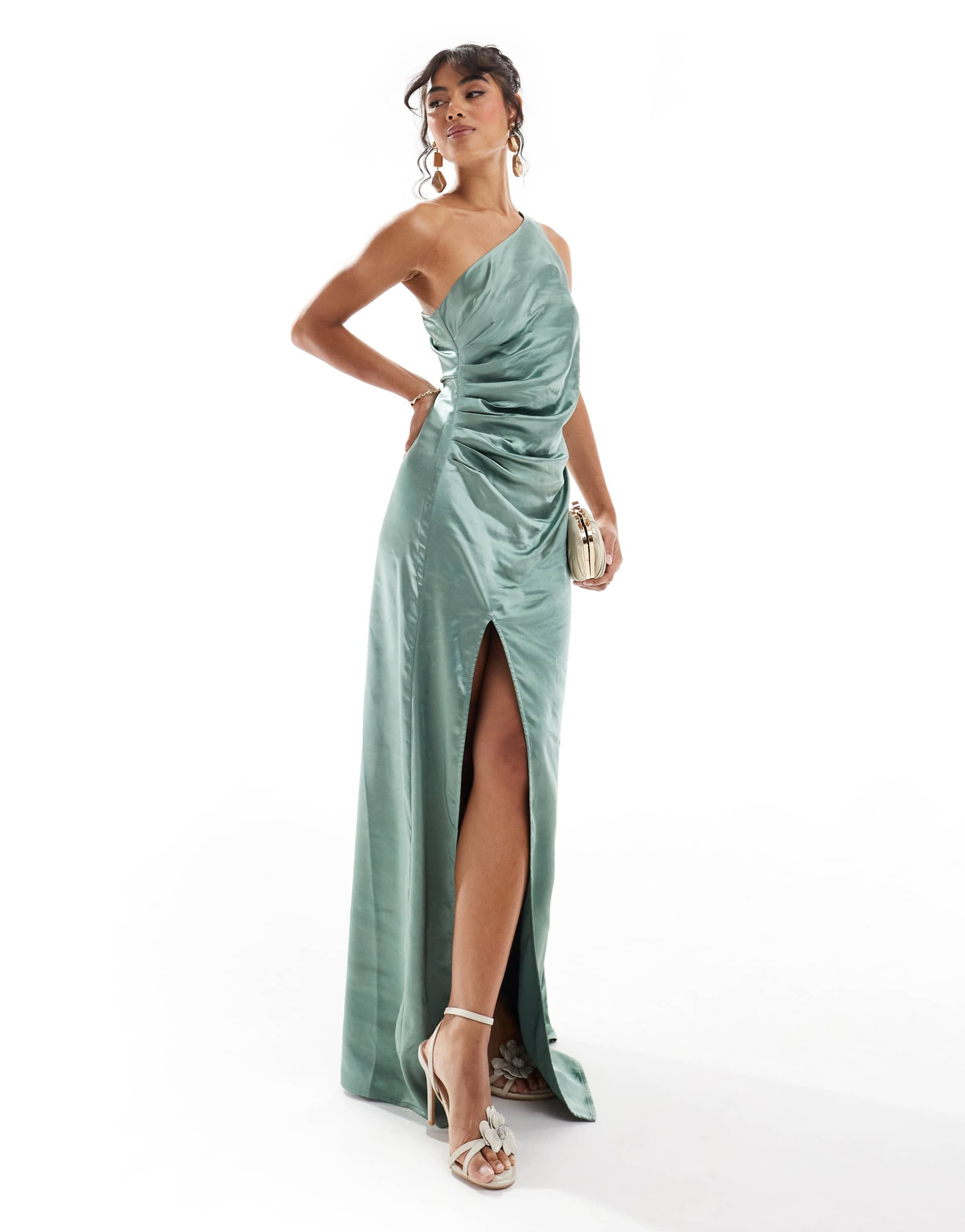 pretty lavish bridesmaid amelia one shoulder ruched satin maxi dress in eucalyptus