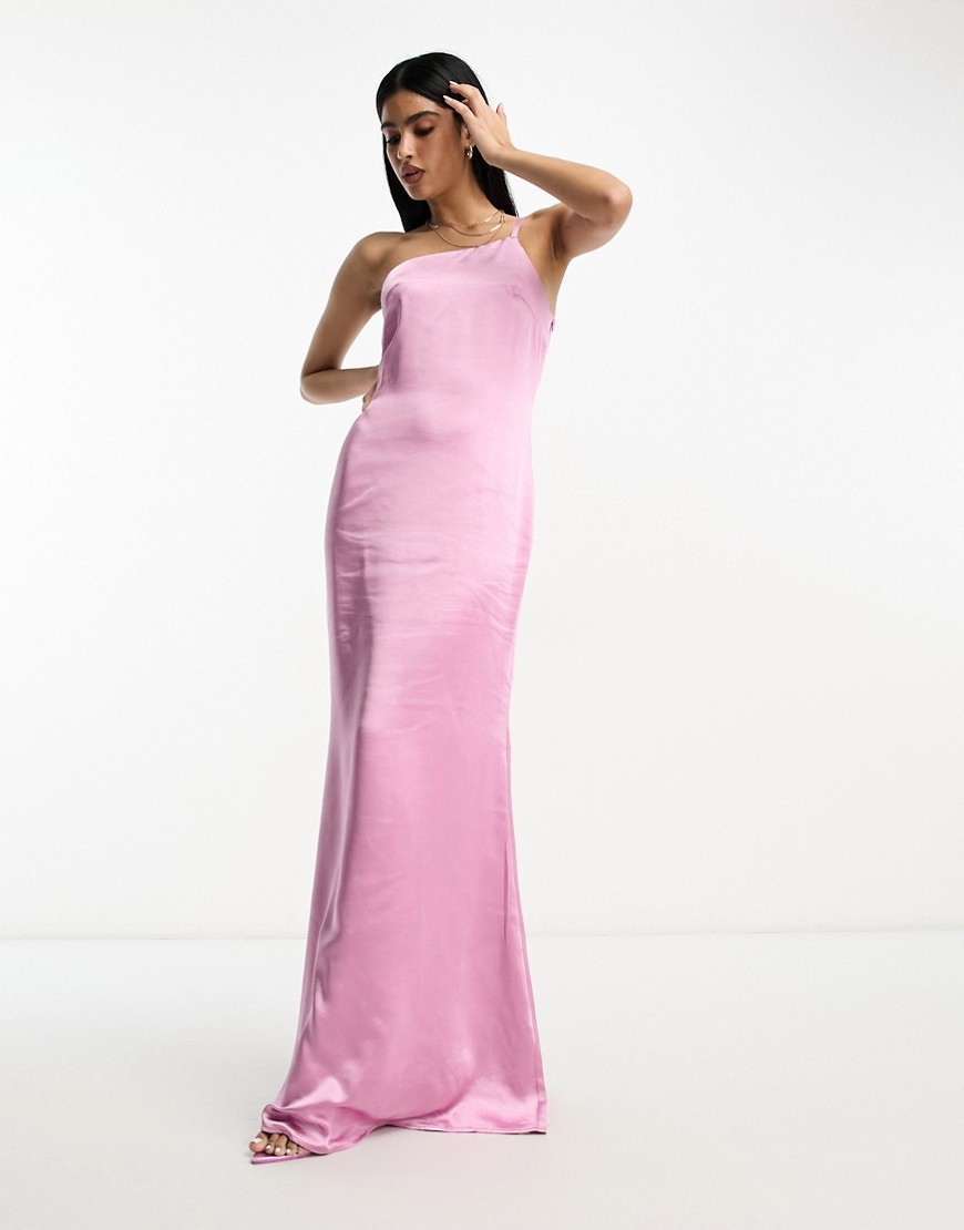 Pretty Lavish Bridesmaid Amelia one shoulder satin maxi dress in mauve-Pink