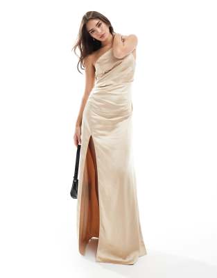 Pretty Lavish Bridesmaid Amelia ruched one shoulder satin maxi dress in matte gold