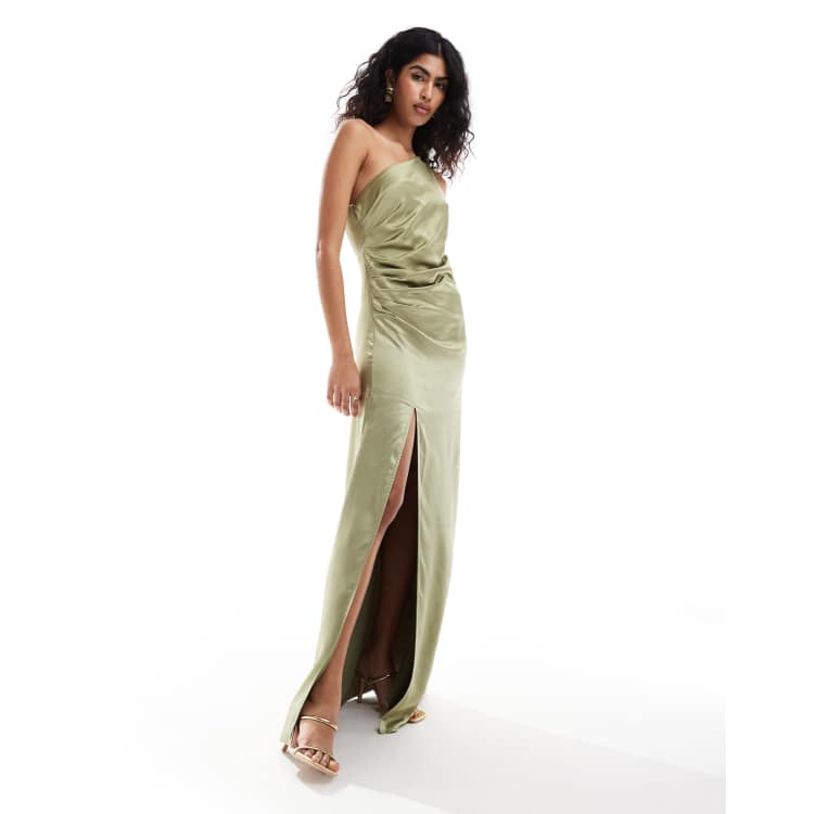 Pretty Lavish Bridesmaid Amelia ruched one shoulder satin maxi dress in olive ASOS