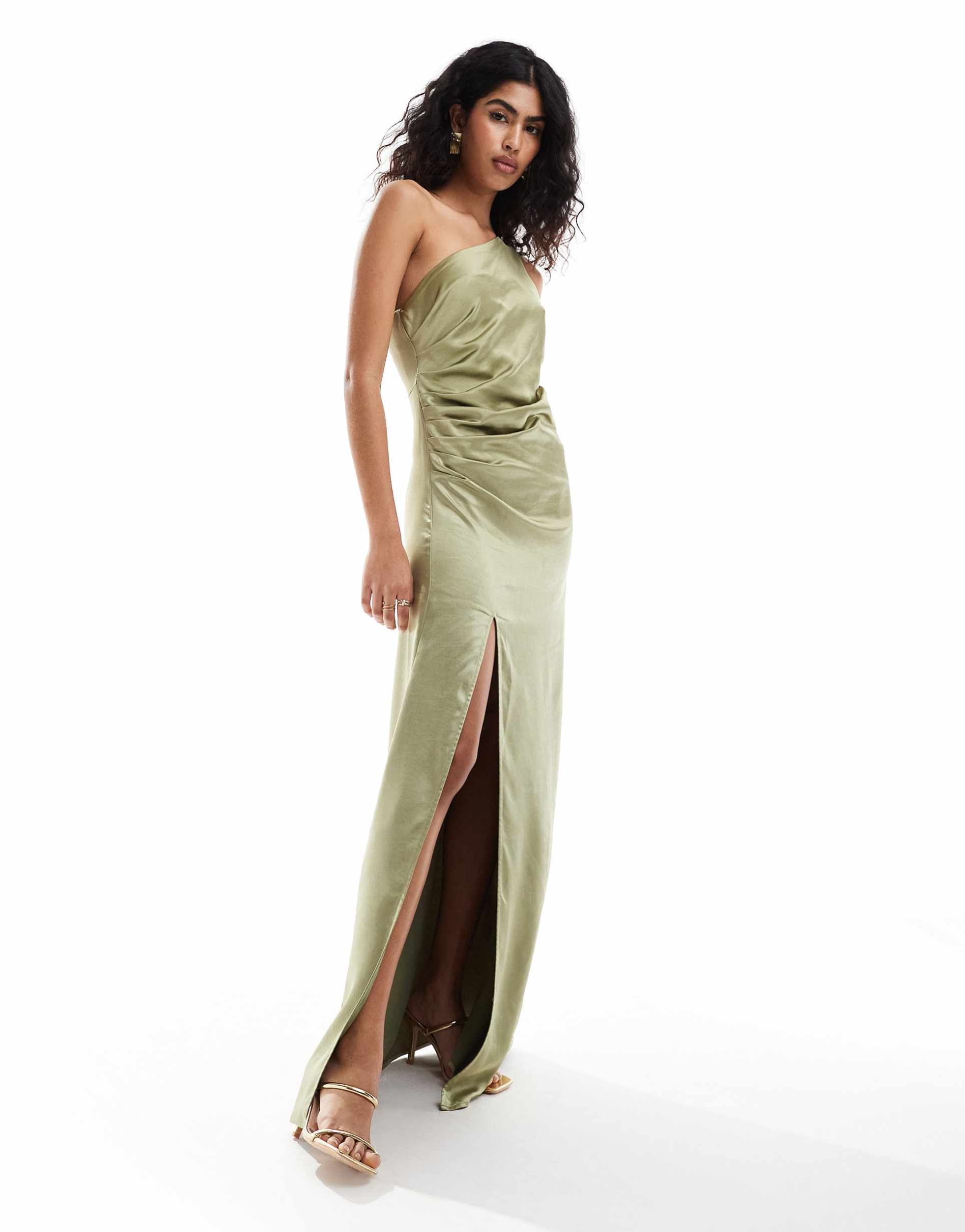 pretty lavish bridesmaid amelia ruched one shoulder satin maxi dress in olive