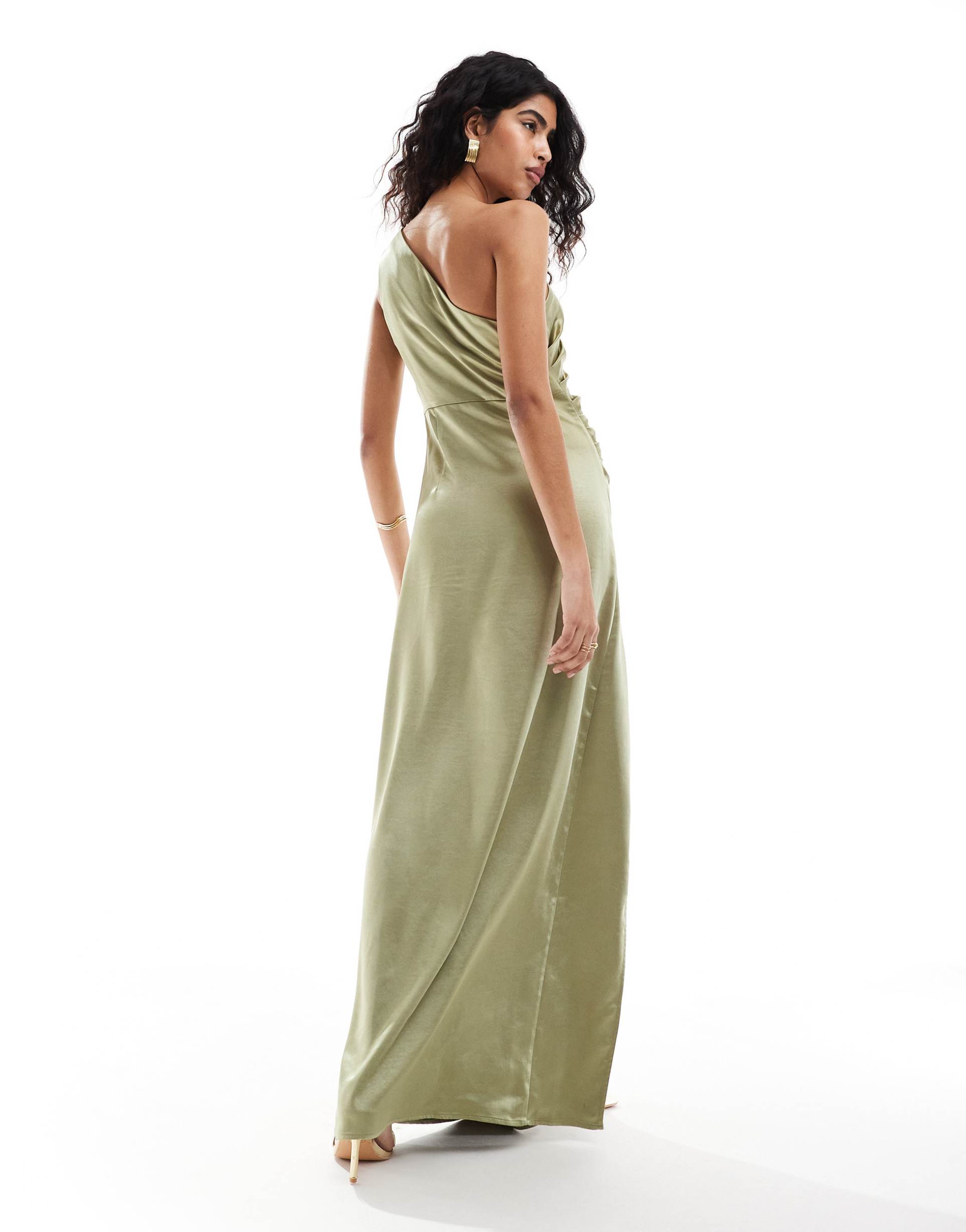 pretty lavish bridesmaid amelia ruched one shoulder satin maxi dress in olive