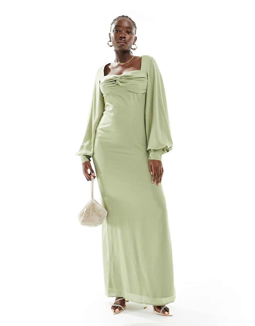 Pretty Lavish Bridesmaid balloon sleeve maxi dress in olive-Green