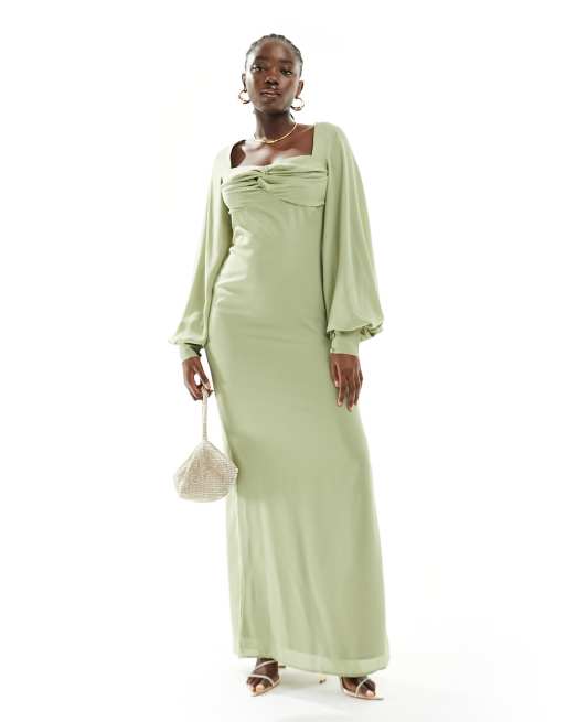 ASOS DESIGN puff sleeve satin sequin maxi dress in olive