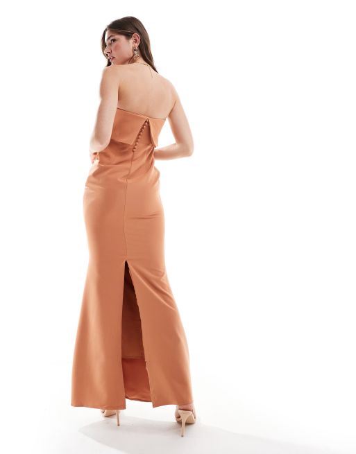 Pretty Lavish Bridesmaid bandeau overlay maxi dress in cinnamon