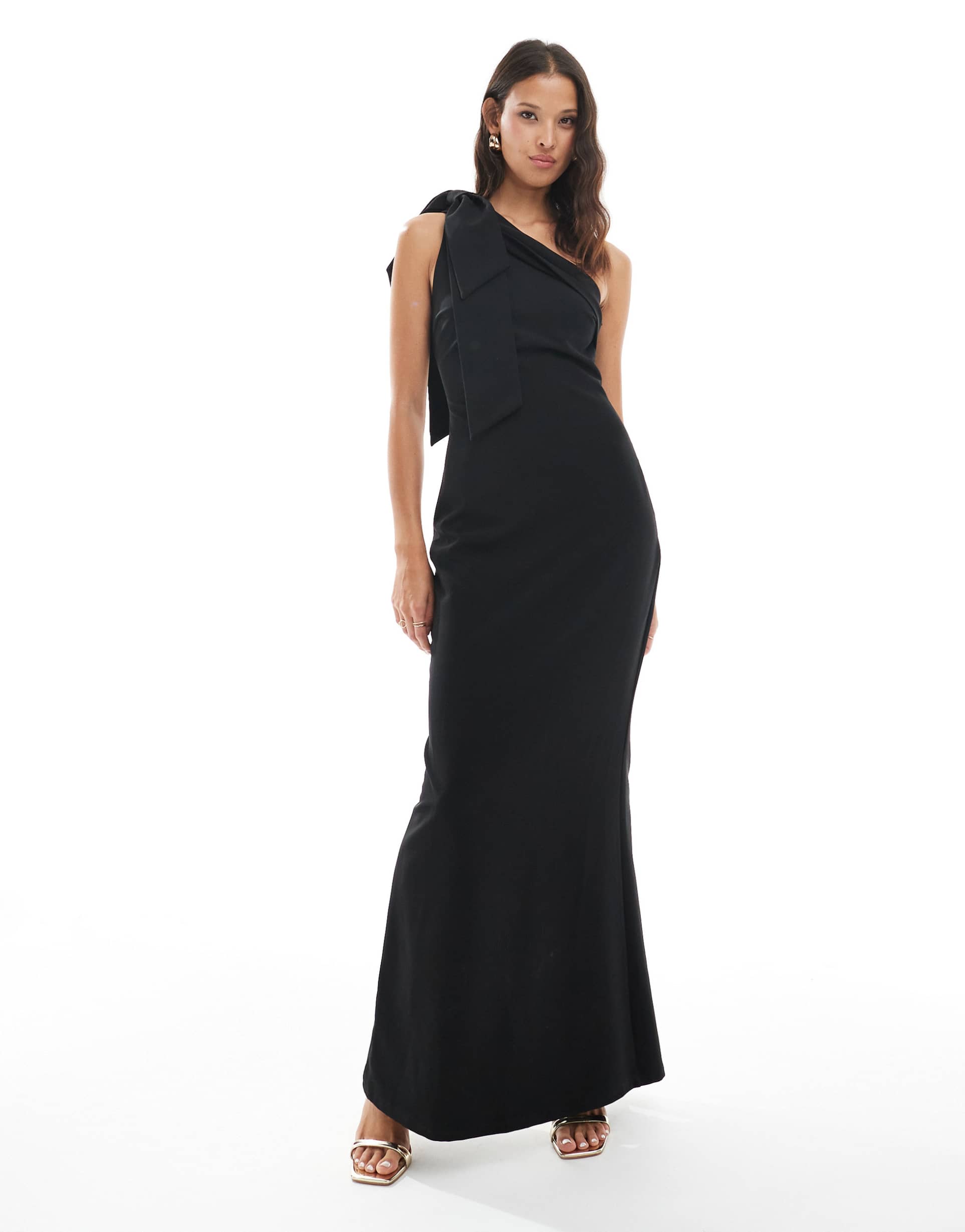 pretty lavish bridesmaid crepe one shoulder bow maxi dress in black