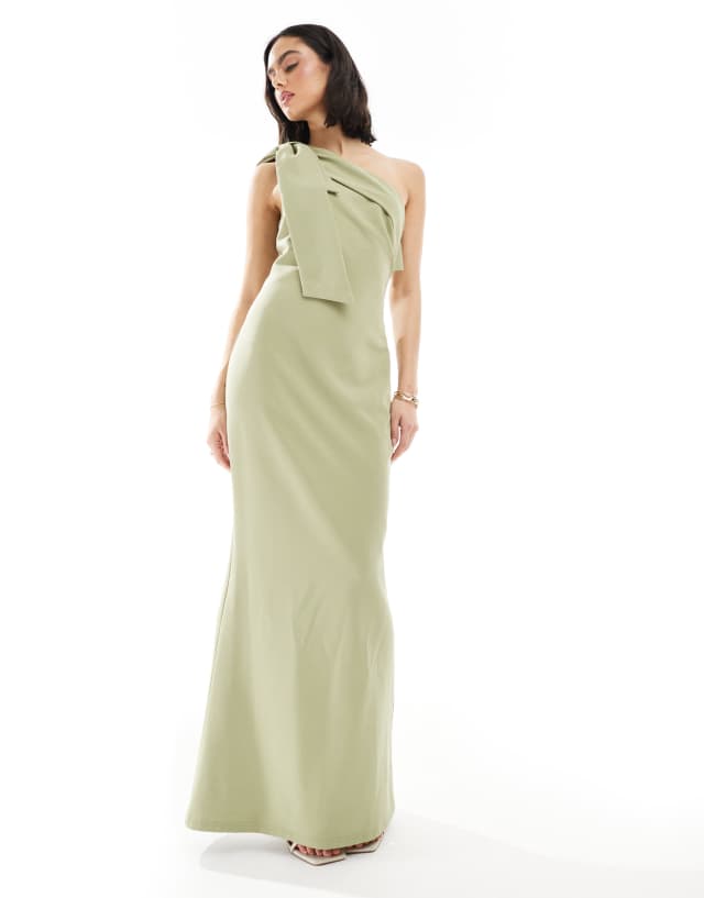 pretty lavish olive green bridesmaid dress crepe one shoulder bow maxi in Speak Now (Taylor's Version) Responsible Materials Occasionwear Length Size:MTM