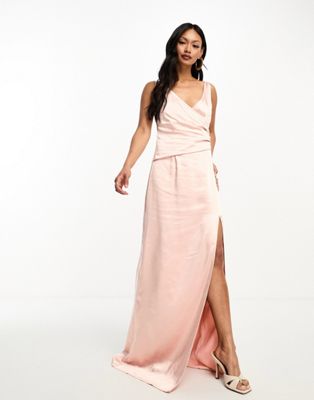 Pretty Lavish Bridesmaid Esmee Wrap Satin Maxi Dress In Blush-pink