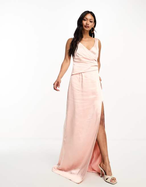 Pretty Lavish Bridesmaid Esmee wrap satin maxi dress in blush