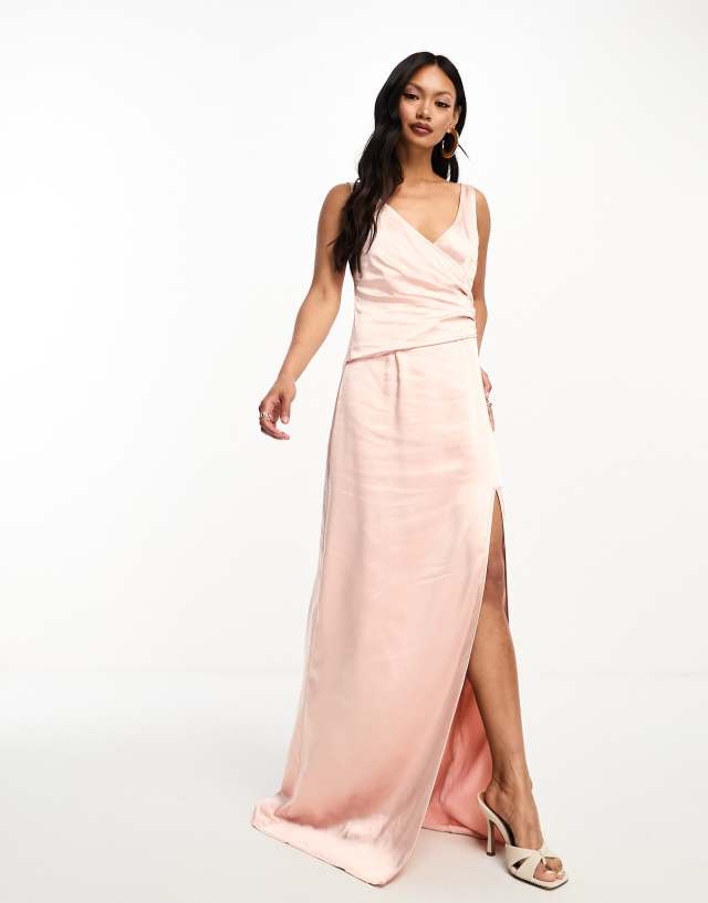 Pretty Lavish - bridesmaid esmee wrap satin maxi dress in blush