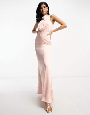 Pretty Lavish Bridesmaid Farrah High Neck Drape Satin Maxi Dress In Blush-pink