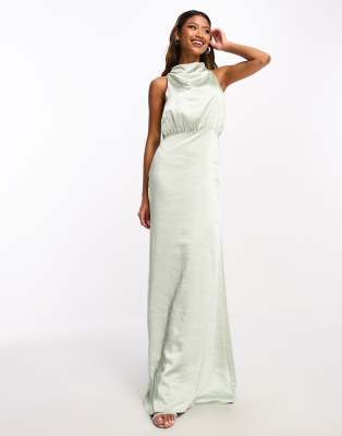 Pretty Lavish Bridesmaid Farrah high neck drape satin maxi dress in sage-Green