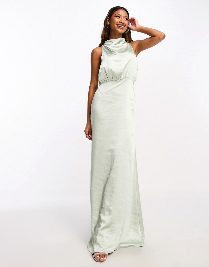 Bridesmaid Farrah high neck drape satin maxi dress in sage-Green