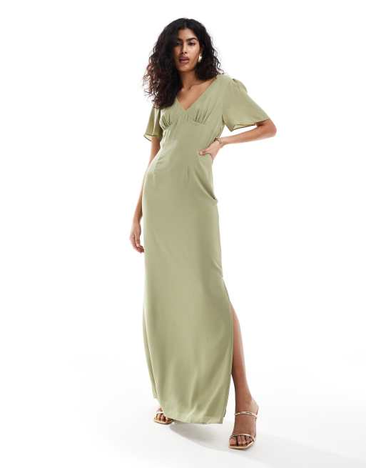 Pretty Lavish Bridesmaid flutter sleeve chiffon maxi dress in olive