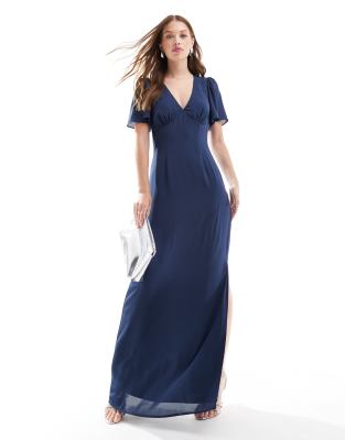 Pretty Lavish Bridesmaid Flutter Sleeve Maxi Dress In Midnight Navy
