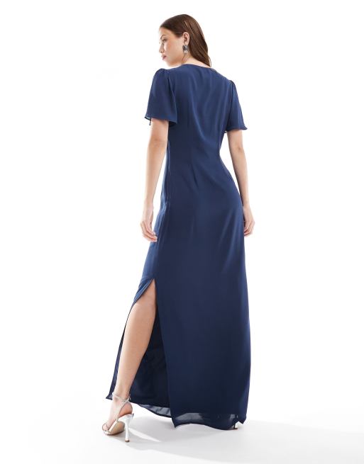 Pretty Lavish Bridesmaid flutter sleeve maxi dress in midnight navy, 4 of 4
