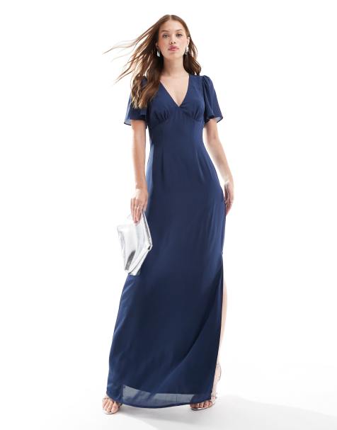 Pretty Lavish Bridesmaid flutter sleeve maxi dress in midnight navy