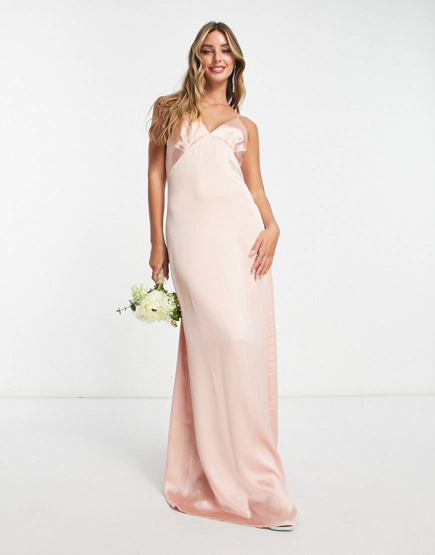 Pretty Lavish Bridesmaid Ines empire satin maxi dress in blush-Pink
