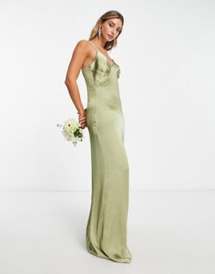 Pretty Lavish Bridesmaid Ines empire satin maxi dress in soft olive