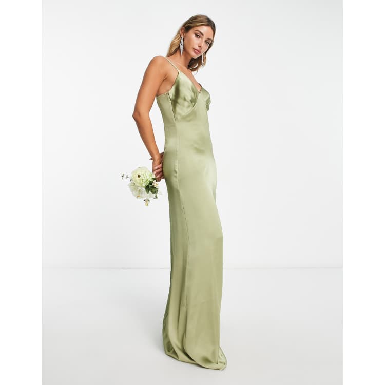 Pretty Lavish Bridesmaid Ines empire satin maxi dress in soft olive