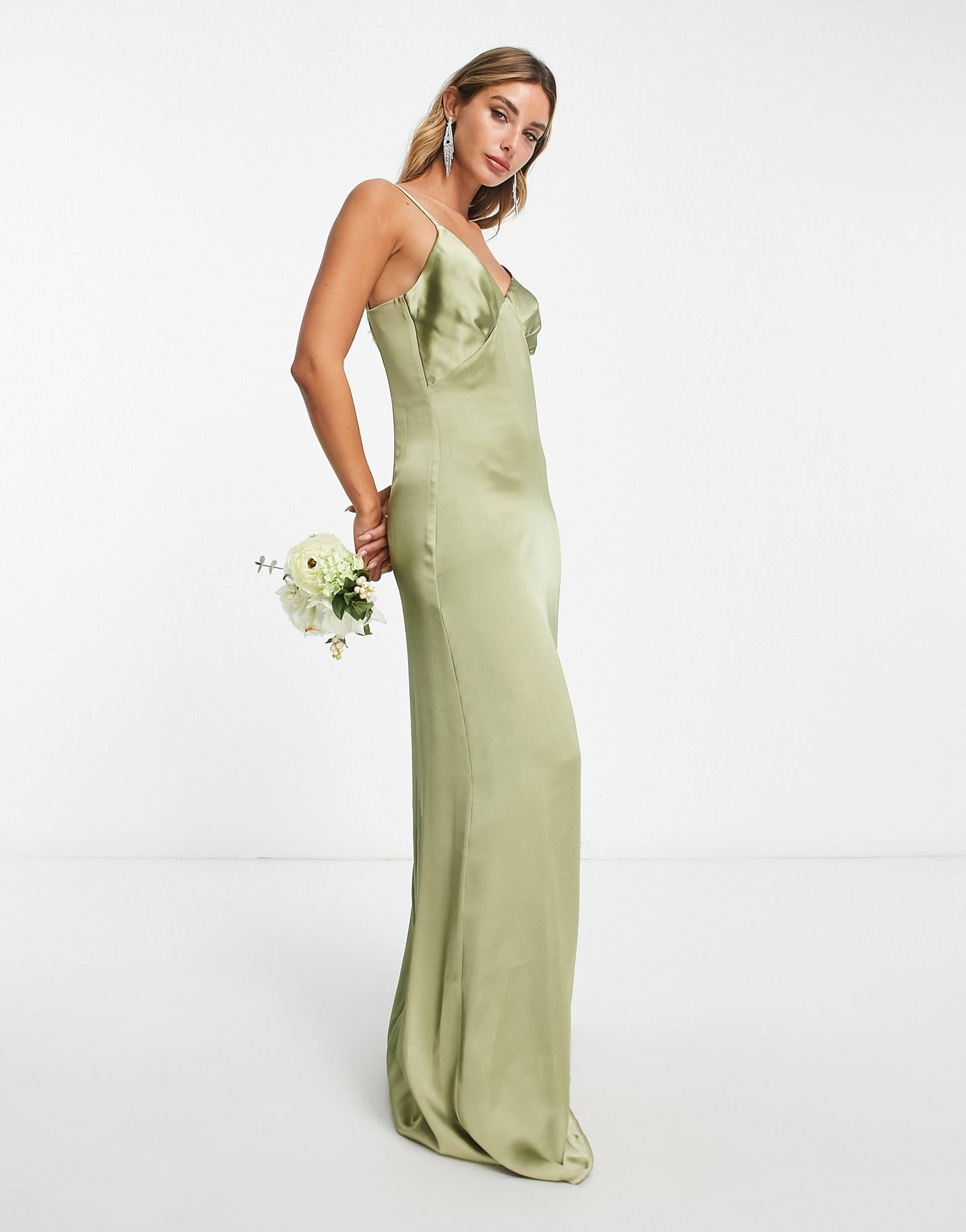 pretty lavish bridesmaid ines empire satin maxi dress in soft olive