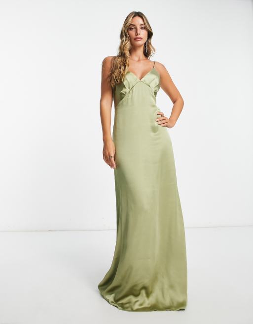 Pretty Lavish Bridesmaid Ines empire satin maxi dress in soft olive